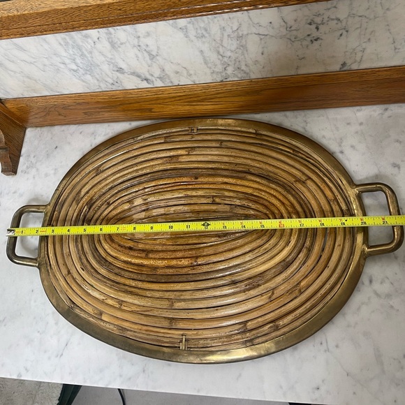 Mcm Italian pencil reed & brass oval serving tray, in style of Gabriella Crespi